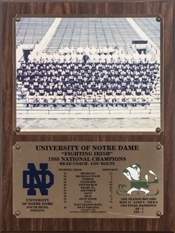 1988 University of Notre Dame "Fighting Irish" National Champions Plaque (Holtz LOA)
